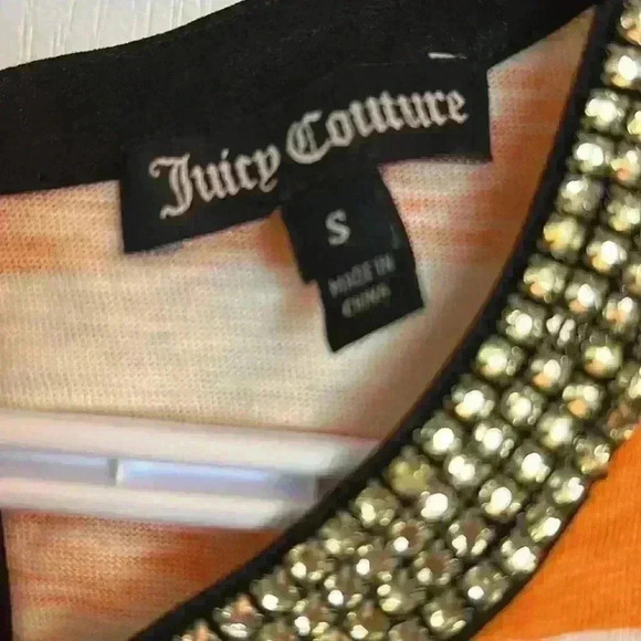 Y2K Juicy Couture Rhinestone Collar  Striped Tee Shirt in Orange Size XS - Picture 2 of 7